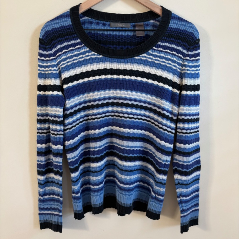 Liz Claiborne Blue Striped Textured Knit Crew Neck Sweater Large